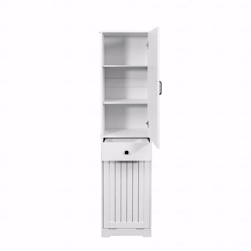 Armoire de rangement haute pour salle de bain avec panier à paniers amovible, tour à linge à plusieurs niveaux avec tiroir et portes fermées