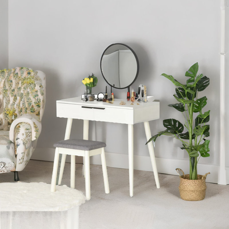 Alejah White Solid Dressing Table with Stool and Mirror Makeup Desk Bedroom Furniture
