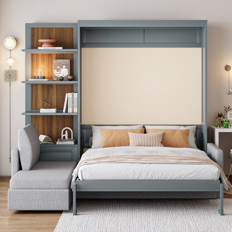 Grand lit escamotable avec canapé et fonction intégrée, Gris
