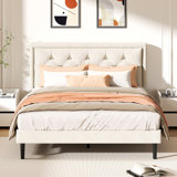 Mauriciu Platform Bed Frame with Button Tufted Headboard and Wooden Slats Support