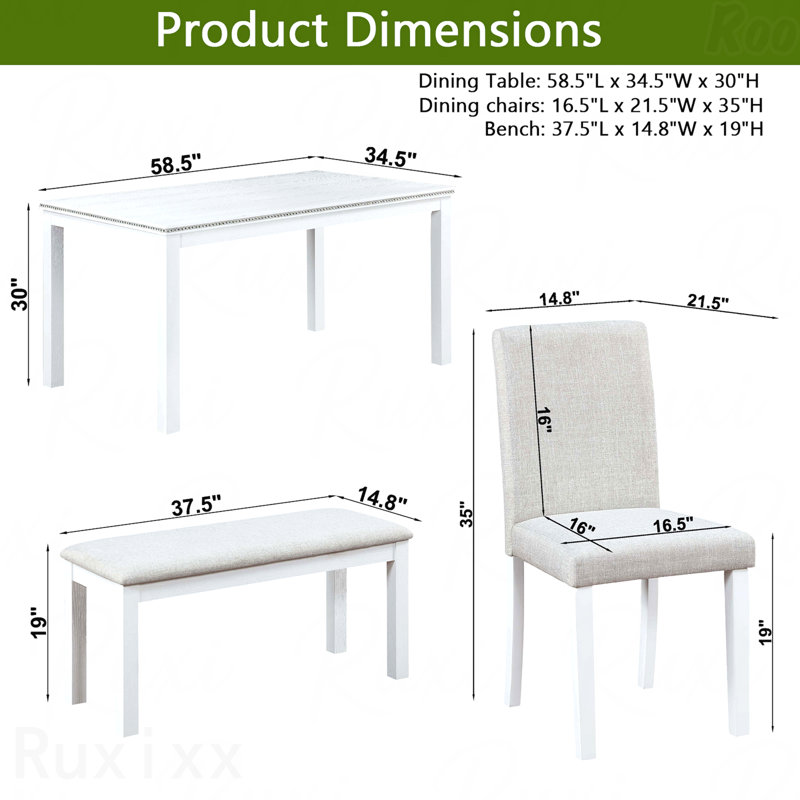Ensemble de salle à manger en bois 6 pièces: table rectangulaire et 4 chaises rembourrées + banc, décoration en cristal