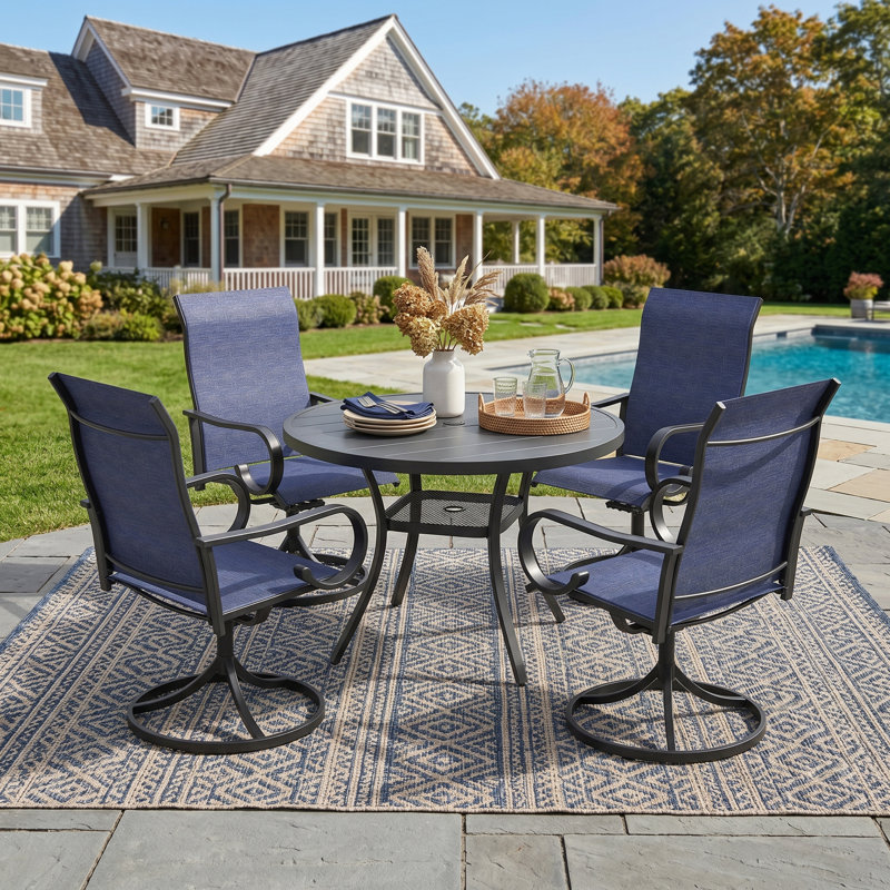 Belmont Outdoor Round Patio Dining Set with 40.6" Dining Table and 4 Swivel Textilene Dining Chairs, Black/Blue
