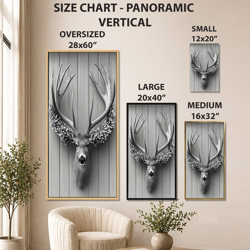 «Gray Nan Rustic Antler & Florals Composition», reproduction d'art sur toile, art mural nature, 60" H x 28" W