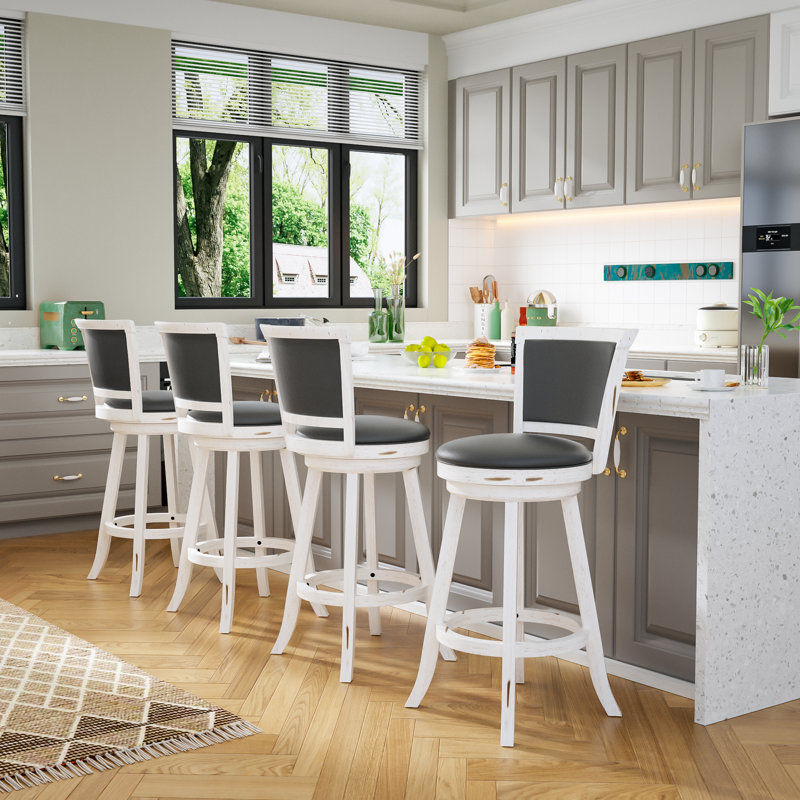 Swivel Upholstered Counter Stool with Solid Wood Frame, Bar Stool (29" Seat Height), Gray Seat/White Base