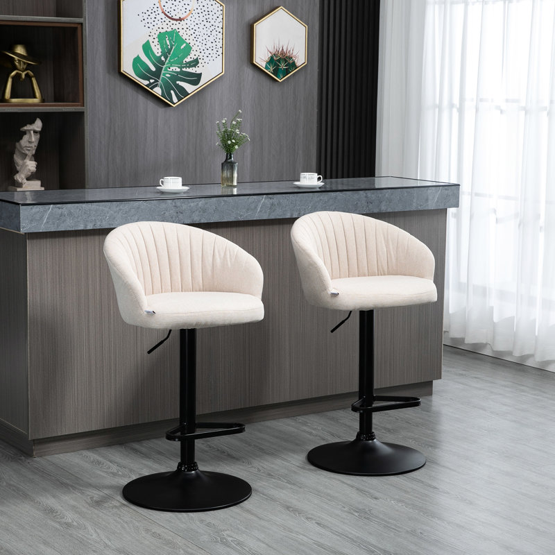 Tabourets de bar pivotants réglables de couleur beige (de 2). Hauteur du comptoir réglable, siège à 360 °, tissu, structure en acier stable, paire de 220 lb maximum, assise en lin texturé de 25,5 po à 31,75 po de hauteur, tournant solidement