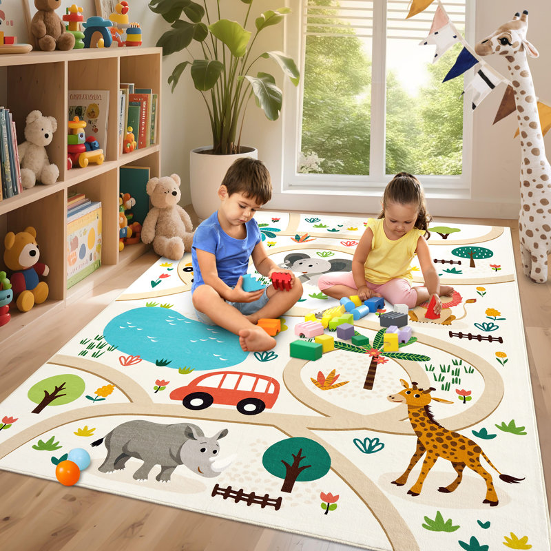 Tapis à imprimé animaux pour filles et garçons, Rectangle 5 pi x 7 pi