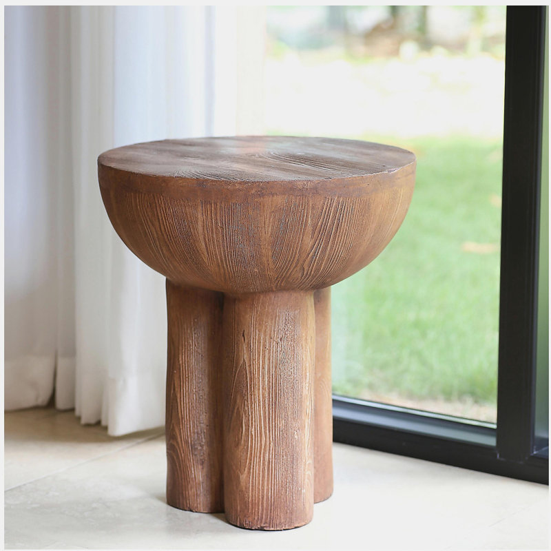 Iris Outdoor Patio Three-Legged Wood-Grain Round MGO Side Table, Brown