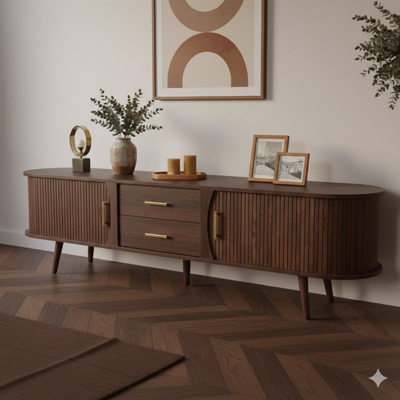 Cette console multimédia de style Mid-Century avec deux tiroirs, conçue comme un centre de divertissement avec rangement pour les salons ou les chambres à coucher, est compatible avec les téléviseurs de 80 po ou moins.