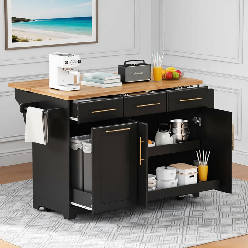 59.3" Kitchen Island With Storage 2 Pull Out Cabinet Organizers & Rubber Wood Drop Leaf, Rolling Kitchen Island With Trash Can Storage, Power Outlet, Spice & Towel Rack For Kitchen, Dining
