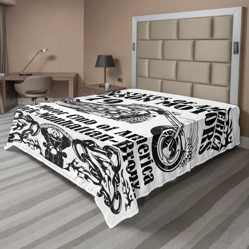 Ambesonne Sketchy Top Flat Sheet Old Racer Motorcycle Black White, CalKing Flat Sheet