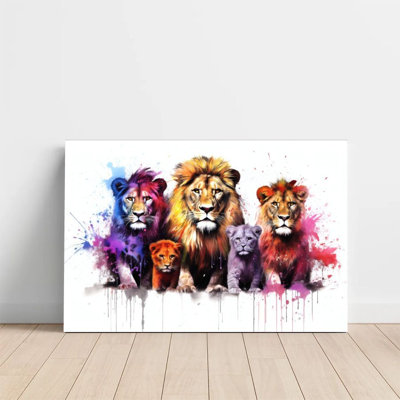 1Pc Framed Canvas Poster Print Lion family, colorful splash ink effect, watercolor abstract style Wall Art, Wall Decor, Perfect for Room Decor Living