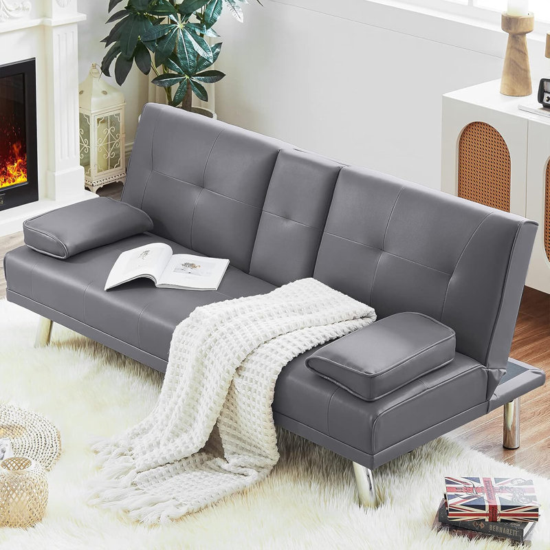 Arnbert Convertible Sofa Bed Adjustable PU Couch Sleeper Modern Recliner Reversible Loveseat with Cup Holders