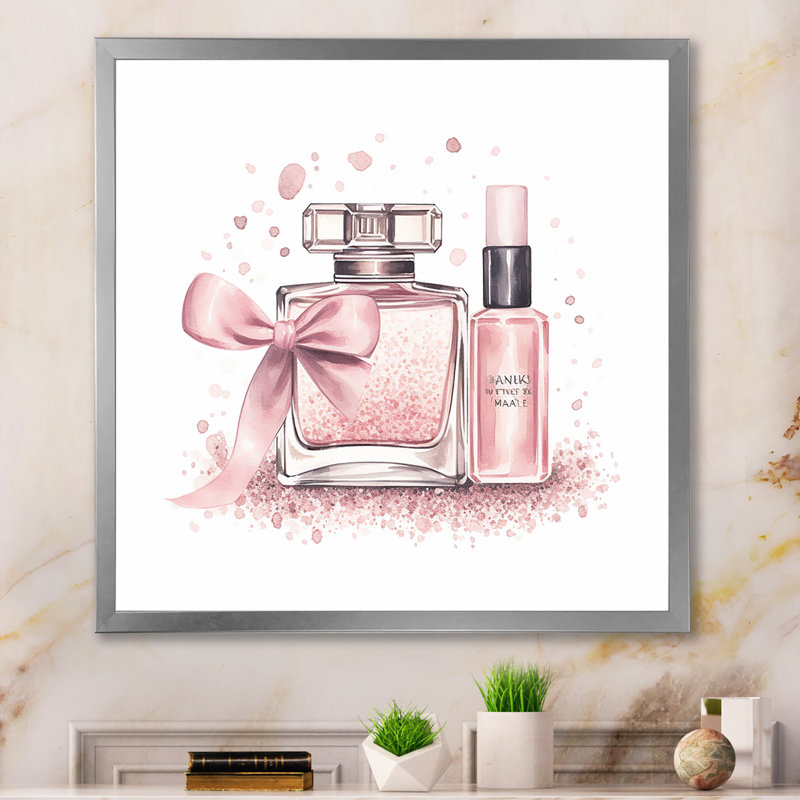 Illustration de maquillage élégant sur toile rose, Cadre photo argenté, H 24 po x l 24 po x P 1 po