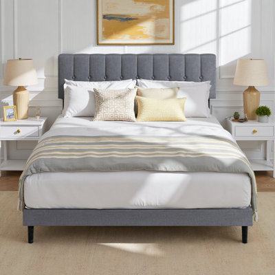 Platform Bed with Upholstered Adjustable Headboard, No Box Spring Needed