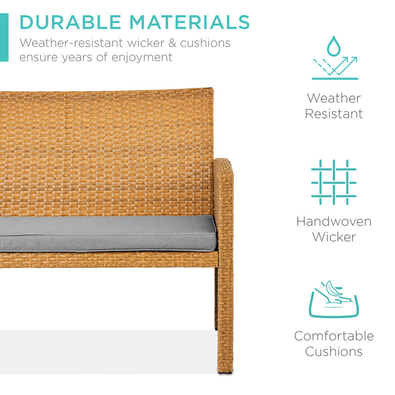  4-Piece Outdoor Wicker Patio Conversation Furniture Set W/ Table, Cushions - Natural/Cement Gray