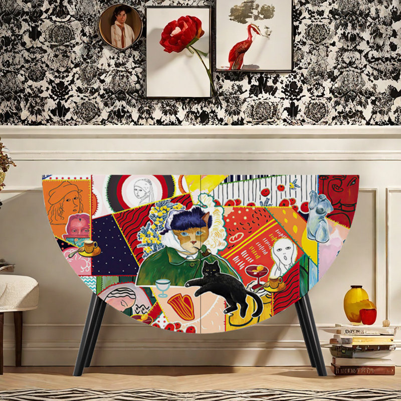 Vintage Half-Moon Entryway Cabinet Sideboard, Black/Multicolor