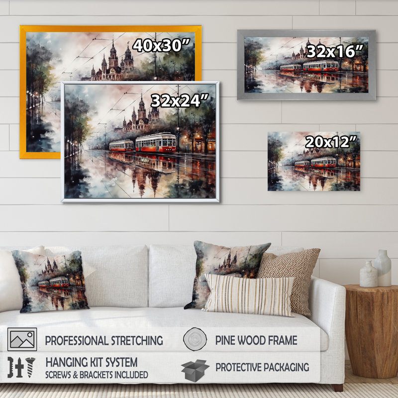 «Rosela Red and Brown City Trams In The Wet Mist», reproduction sur toile, H 34 po x l 44 po x P 1,5 po, Cadre flottant noir