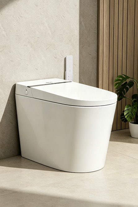 Toilette intelligente blanche moderne au design monobloc épuré, dans une salle de bains minimaliste dotée d'un sol en carrelage clair et d'un mur agrémenté de lattes en bois.
