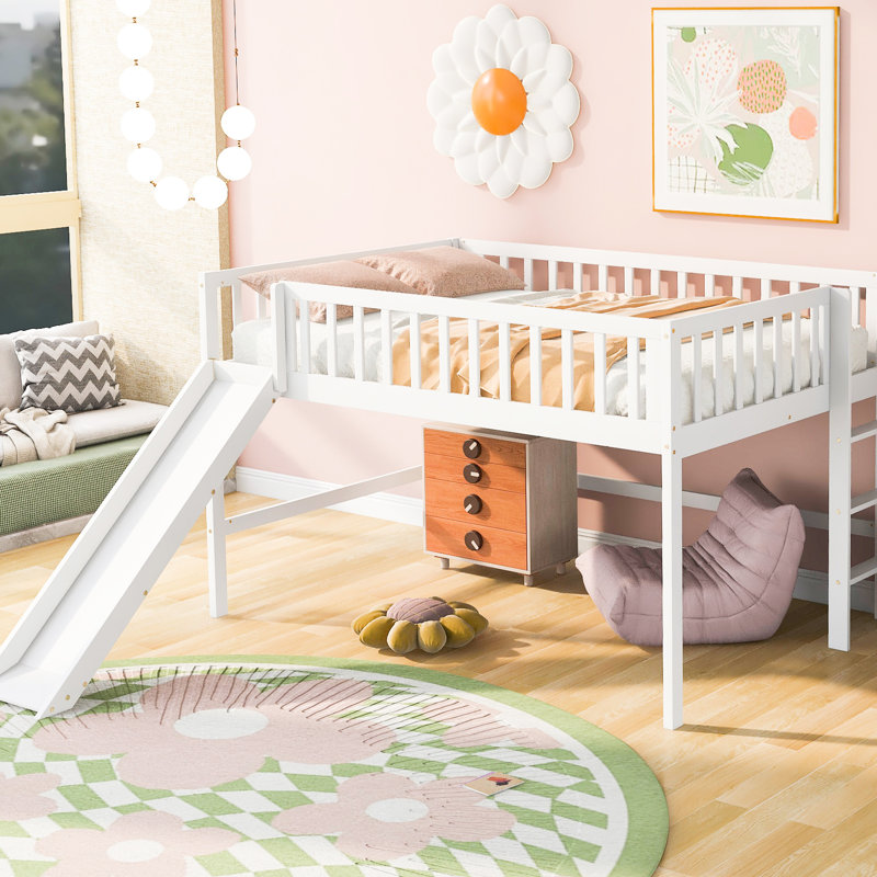 White Loft Bed With Space And Detachable Slide - Flexible Bedroom Full Size Low Portable, White, Full