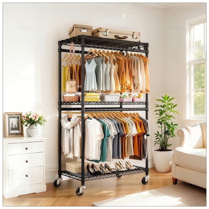 Heavy Duty Rolling Clothes Rack with Adjustable Shelves, Wheels, and Side Hooks for Efficient Storage and Organization