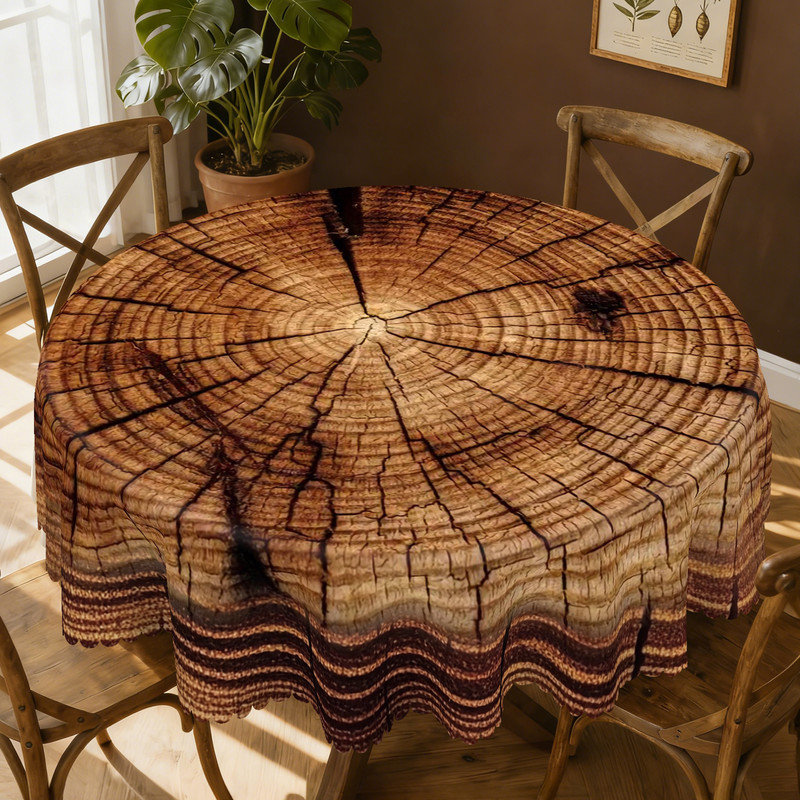 Machine-washable polyester tablecloth with woodgrain pattern design