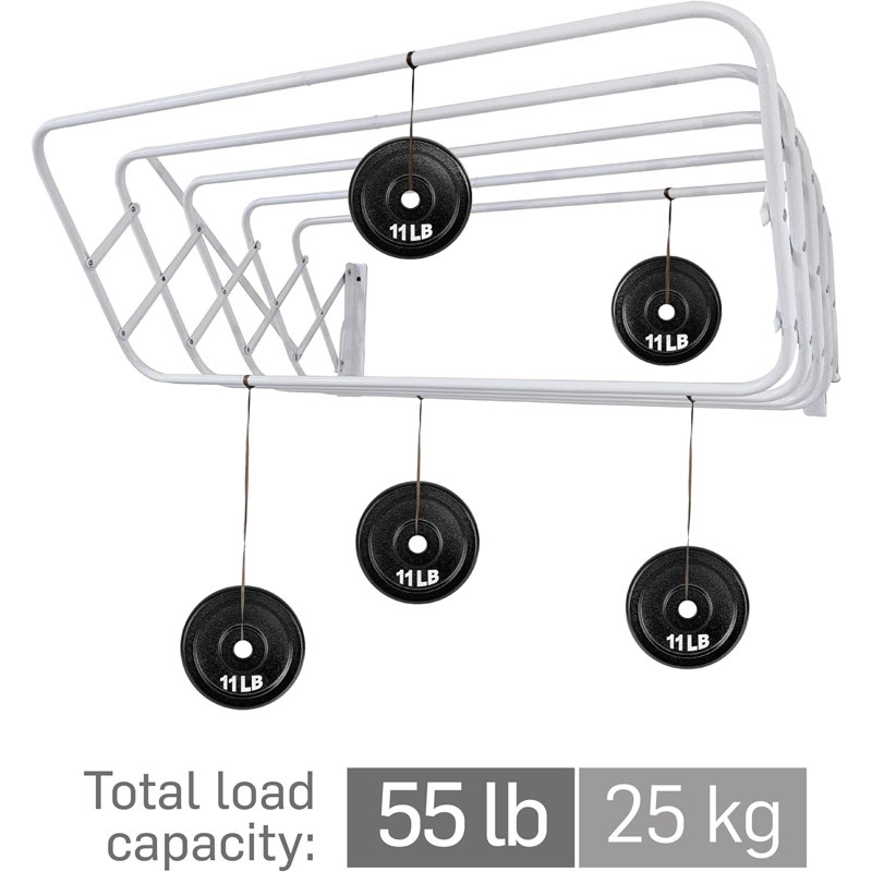 Steel Wall-Mounted Foldable Drying Rack with Expandable Rods – Space-Saving Laundry Solution,, 9" H x 35" W x 37" D, White