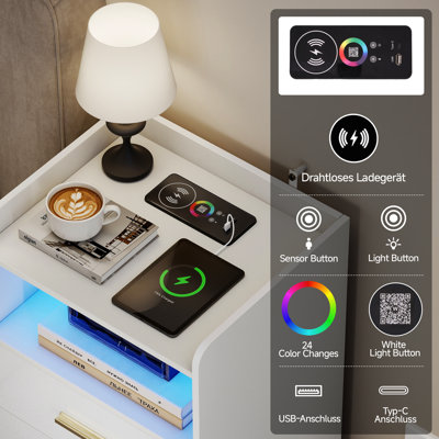 Night Stand With Wireless Charging Station, Nightstand With 2 Drawers, Smart Bedside Table With Led Lighting