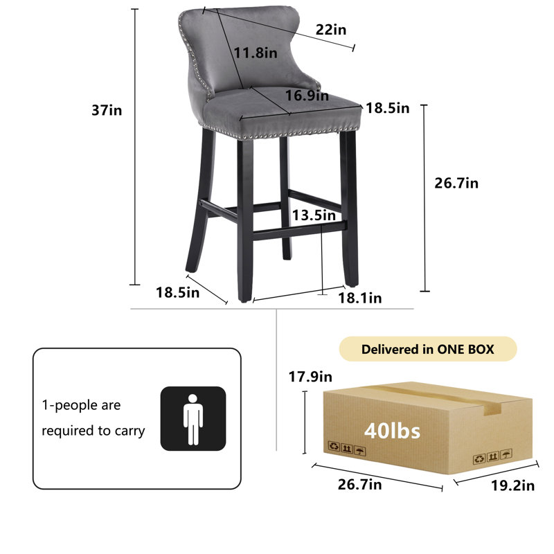 Modern Velvet Upholstered Bar Stools Counter Height Barstools Set of 4, Gray