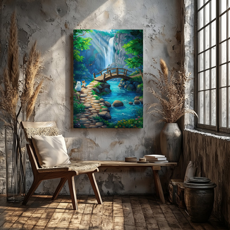 Toile «A Vibrant Enchanting Forest Scene», art mural menant à un pont en bois rustique qui enjambe une toile