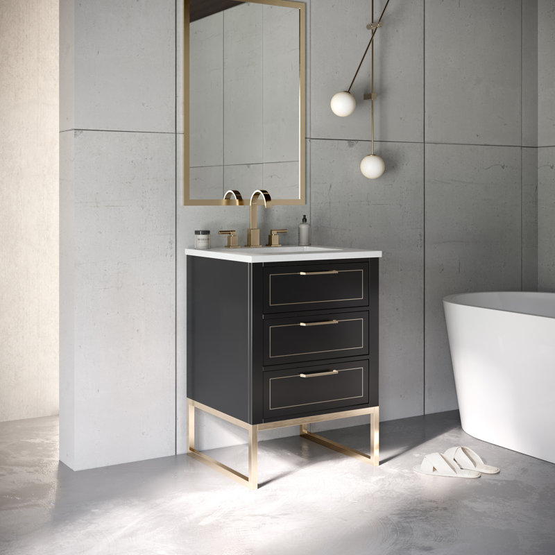 Markham 24'' W Single Vanity, Midnight Black, Universal Calacatta Quartz, Satin Brass