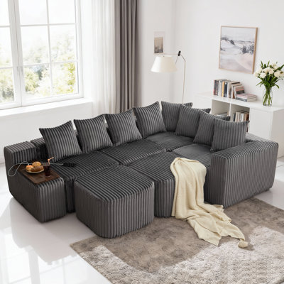 Canapé modulaire en U de 137,5 po avec chargement sans fil, repose-pieds mobiles et console intelligente, canapé modulaire en velours côtelé 8-en-1, aucun assemblage requis