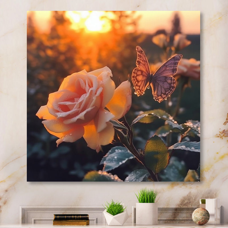 Papillon sur une rose rose au lever du soleil, H 24 po x l 24 po x P 1 po, Toile tendue