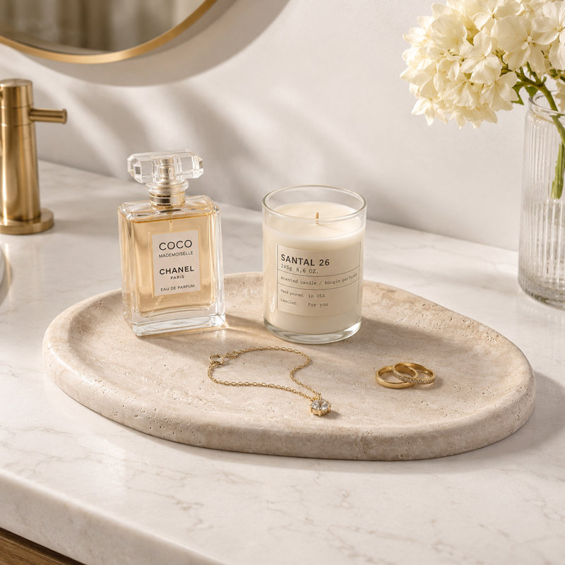Plateau de coiffeuse en forme de nuage en travertin, organisateur en pierre naturelle pour le parfum, les bijoux et la décoration intérieure
