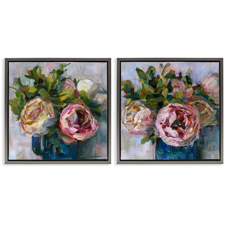  Ensemble de 2 toiles flottantes avec empâtement "Cabast Roses in Vases" par Borcherding, Cadre flottant gris lustré