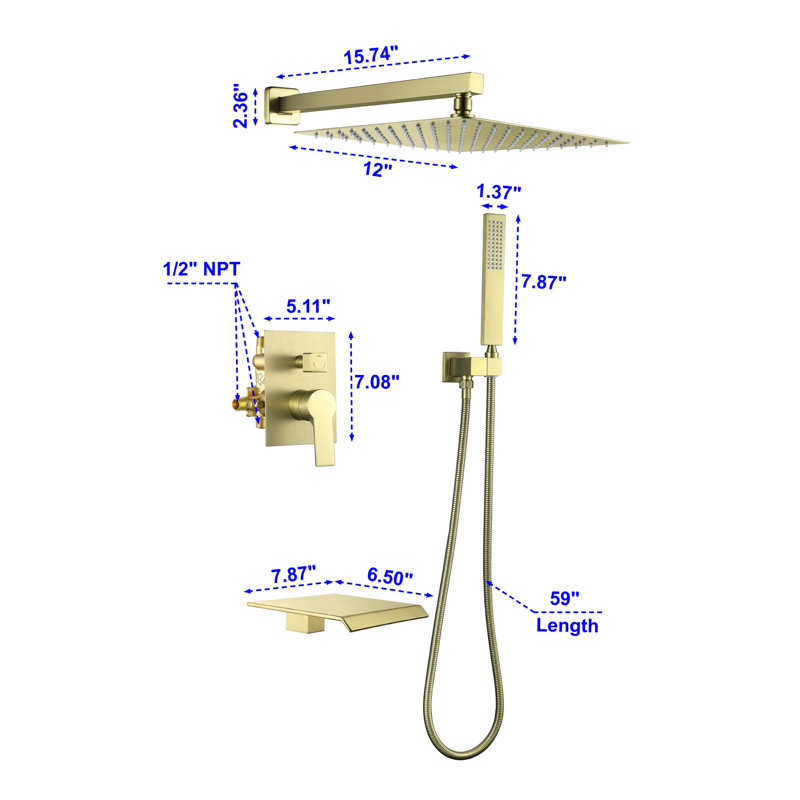 Système de douche de baignoire avec valve brute, Or brossé