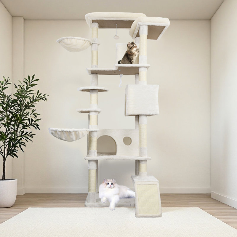 Tour pour arbre à chat beige de 84 pouces avec condos, poteaux à griffer et - Idéal pour que plusieurs chats puissent grimper en couleur avec, poteau, plateforme confortable