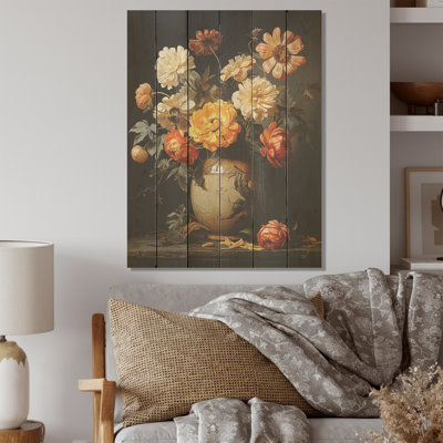 Zinnias jaune, remplissage dans un vase orné - panneau de bois Zinnias, art mural sur bois de pin naturel