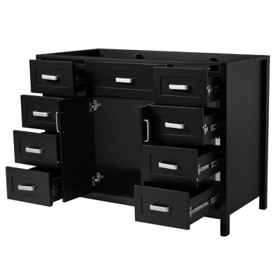 Meuble-lavabo de 47 po de conception classique avec 2 portes et 8 tiroirs à fermeture en douceur, fabrication en bois aggloméré durable et en pin massif, finition noire, meubles-lavabos (sans lavabo)