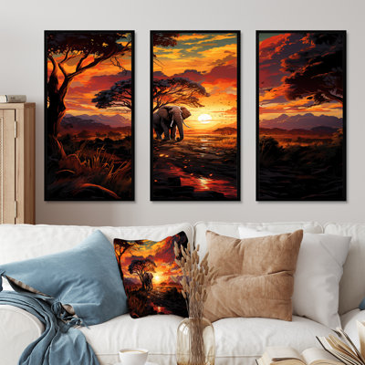 «African Sunset Jungle With Elephant», art mural abstrait