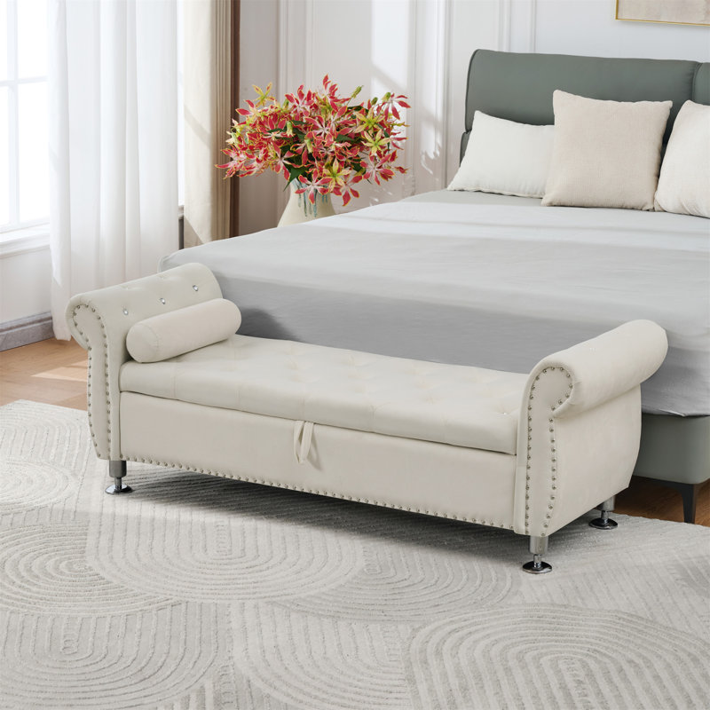 Banc de rangement 62,2 pouces en velours doux avec boutons en cristal et 1 coussin, Beige