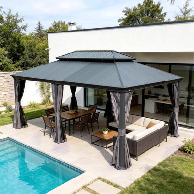 14'x22' Hardtop Gazebo with Resin Roof, Outdoor Metal Gazebo with Drainage Gutters, Permanent Heavy Duty Pavilion for Patio, Backyard and Deck, Curtains and Mosquito Netting Included