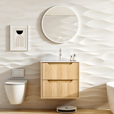 Meuble-lavabo mural flottant 24 po Aditya, armoire en bois massif avec 2 tiroirs et lavabo en résine blanche