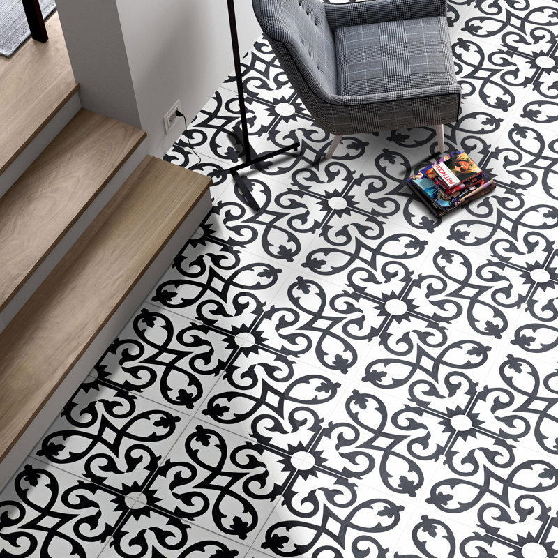 Agadir 8" x 8" Cement Patterned Wall & Floor Tile, Black/White
