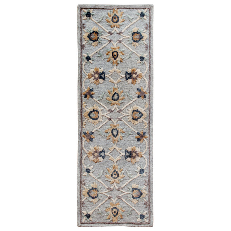 Emmersen Floral Handmade Wool Area Rug in Gray, Runner 2'3" x 6'9"
