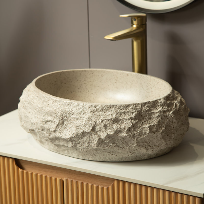 Luna 20'' Bathroom Sink, Irregular Oval Resin Vessel Basin With Stone Pattern, Artistic Style Sink, No Faucet, Beige Color 