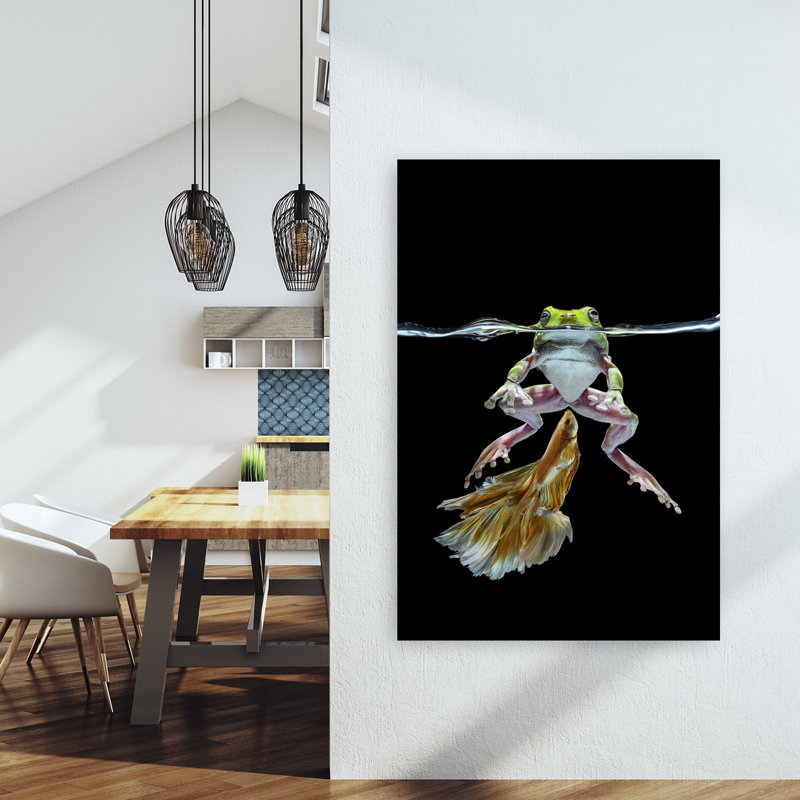 Green Frog Meets Betta Serene Vibrant Contemporary Fish Frog Nature Wildlife Wall Art Print by Andi Halil - Print