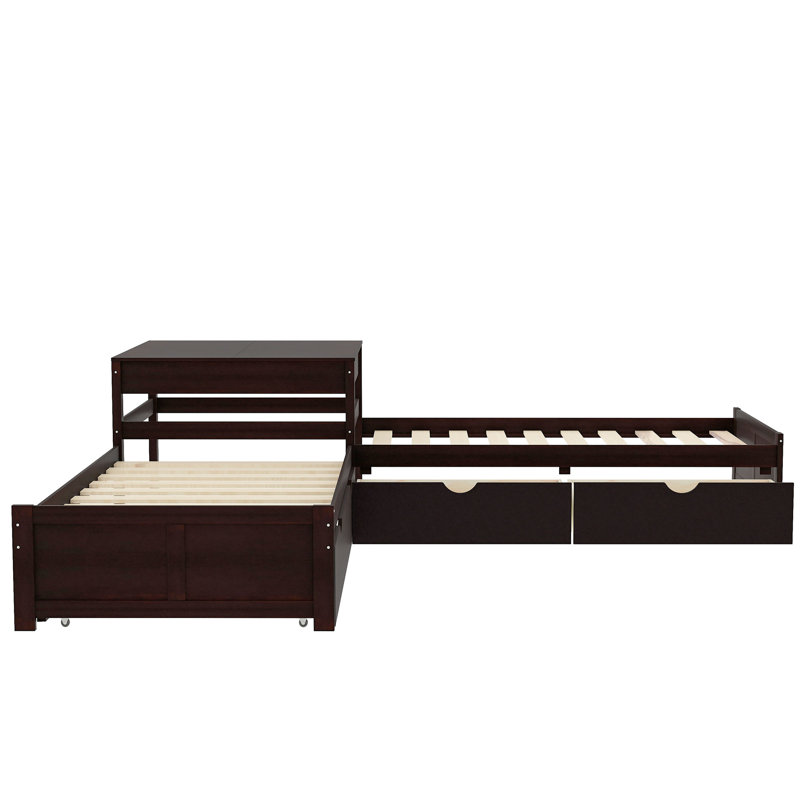Conjoined L-shaped Platform Bed with Trundle and Drawers, Espresso