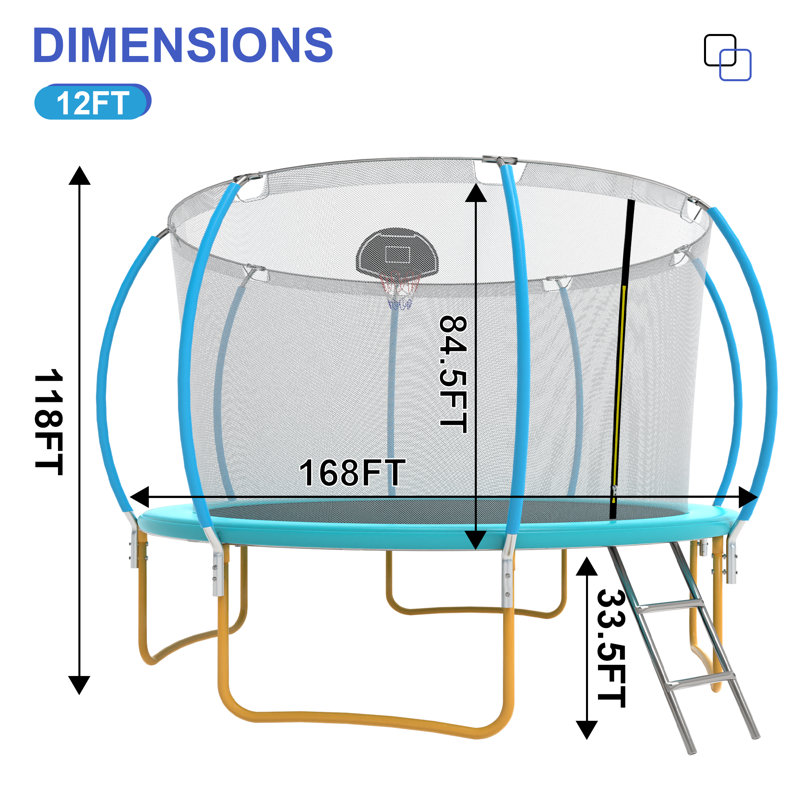 Trampoline de jardin rond de 12 pi avec enceinte sécuritaire SENCHO GINSYTALIOR, Jaune, Light Blue