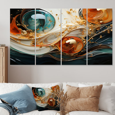 «Orange and Gold Ripple Waves Melody V», peinture abstraite, art mural 4 pièces