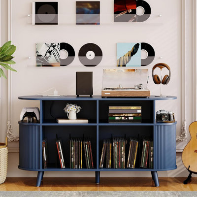 Meuble pour tourne-disque en vinyle de 55 po, armoire à disques rustique Mid-Century avec tablettes de rangement en vinyle ouvertes, table tournante avec station de chargement USB